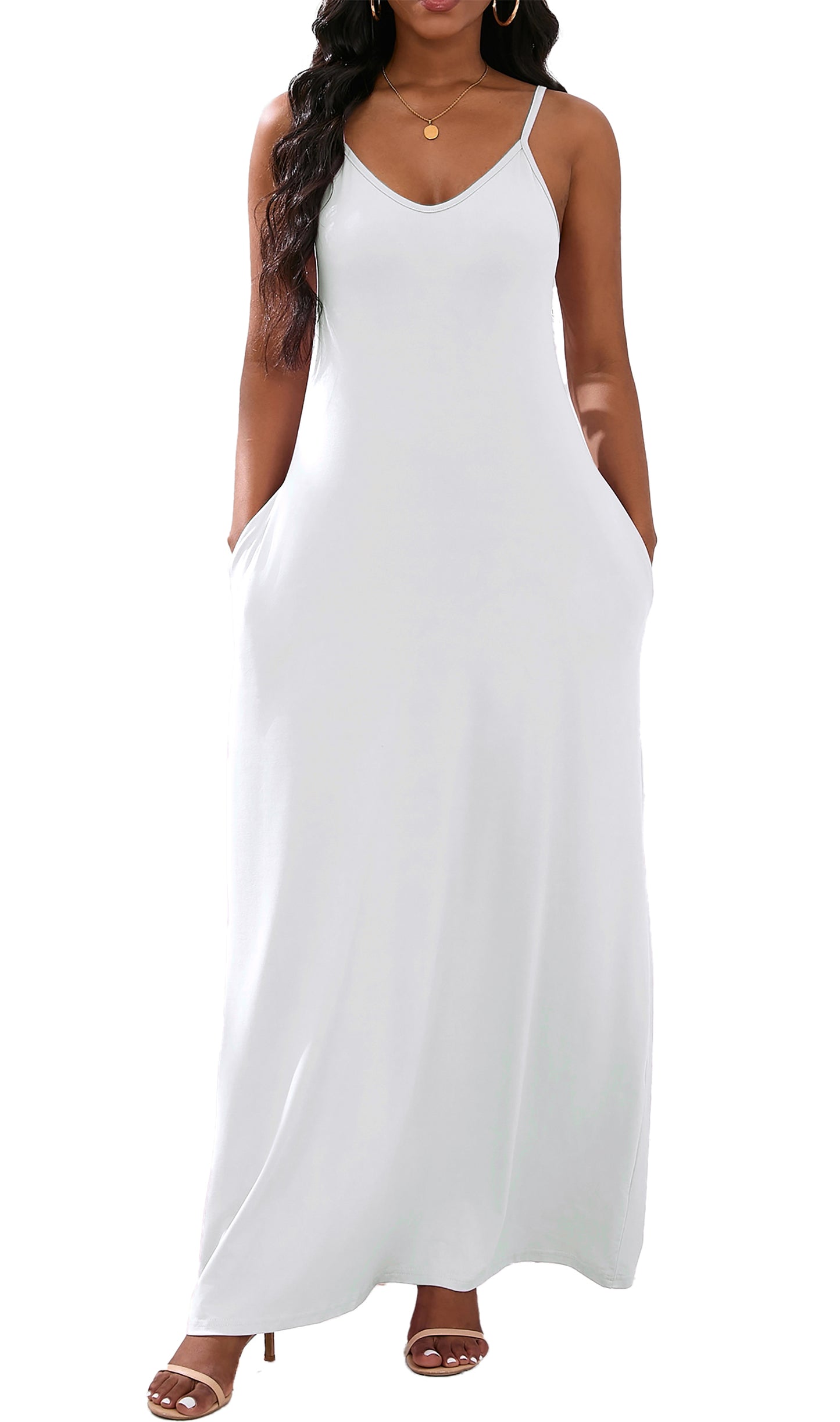 Women’s Elegant White Long Dress, Sleeveless Flowy Maxi Dress, Casual Summer Beach Outfit
