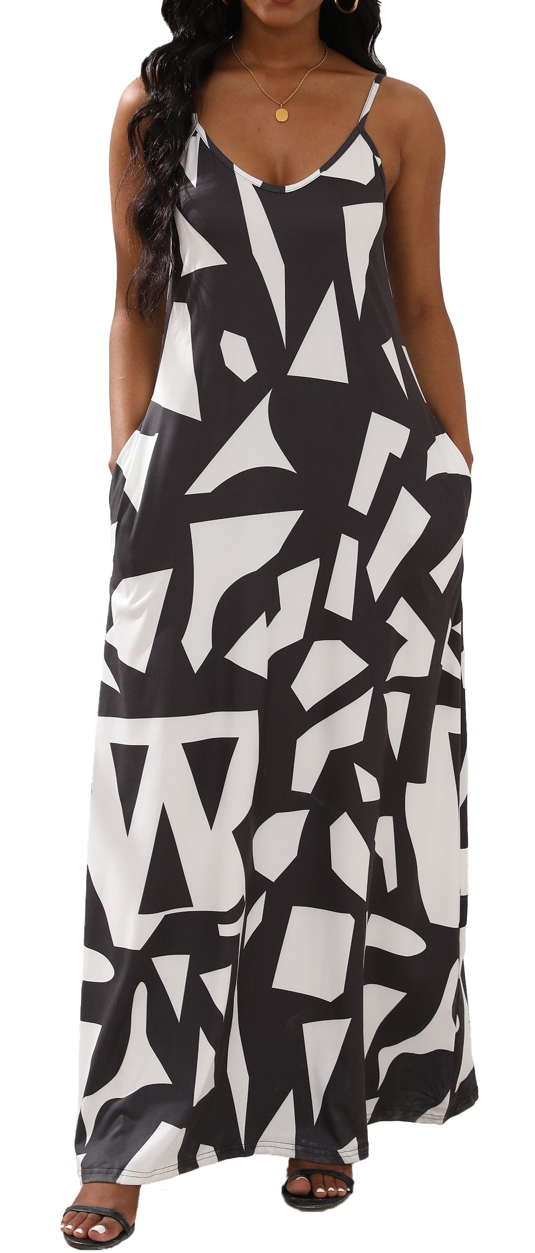Women’s Black & White Geometric Pattern Long Dress, Sleeveless Flowy Maxi Dress, Casual Summer Outfit
