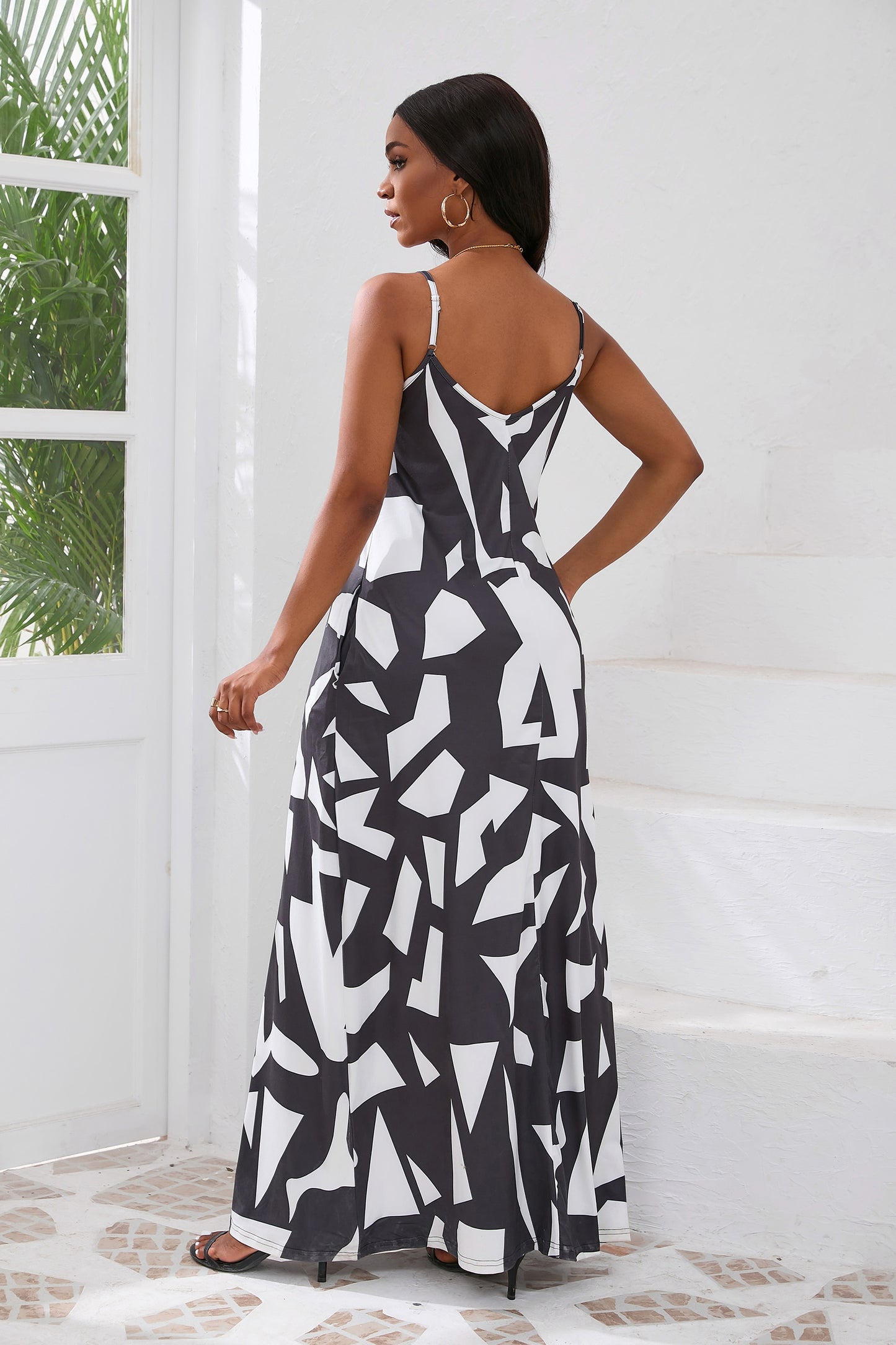 Women’s Black & White Geometric Pattern Long Dress, Sleeveless Flowy Maxi Dress, Casual Summer Outfit